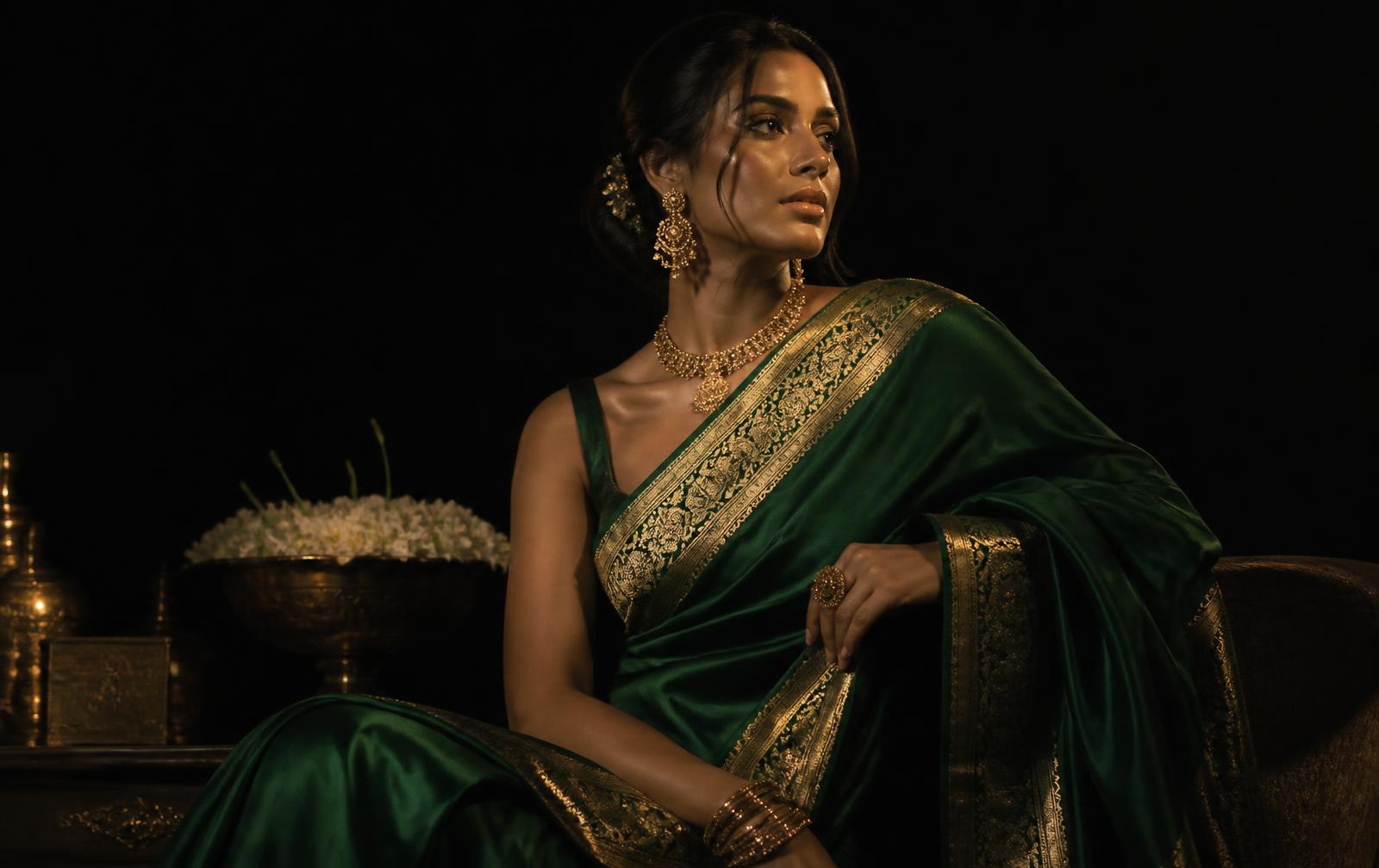 Model wearing a gold-embroidered silk saree in a candlelit heritage hall